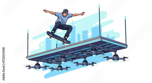 Dynamic Skateboarder Performing Aerial Trick on Futuristic Drone-Powered Platform