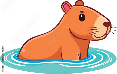 Capybara swimming cartoon illustration, cute South American rodent animal in water, adorable wildlife character design, exotic fauna mascot art, funny capybara vector drawing for kids and nature proje