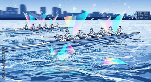Eight Rowers in a Racing Shell, Dynamic Pose, Blue Hues