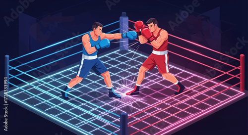 Two Boxers in Action, Engaging in a Futuristic Boxing Match