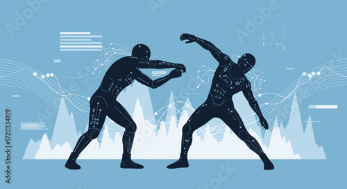 Dynamic dark blue humanoid figures with internal circuit patterns in an active, combative pose.