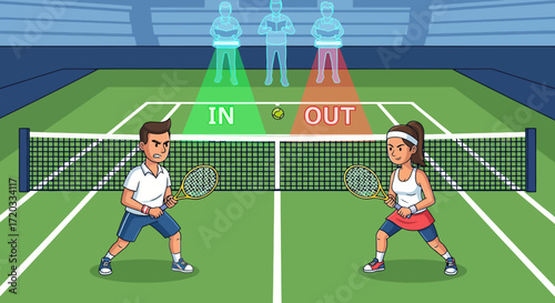 Cartoon Male and Female Tennis Players Illustrating "IN" and "OUT" Ball Tracking System