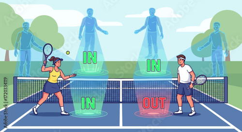 Tennis players on court with "in" and "out" indicators, net, and transparent figures.