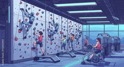 Climbing wall with people and robots, indoor gym, colorful holds