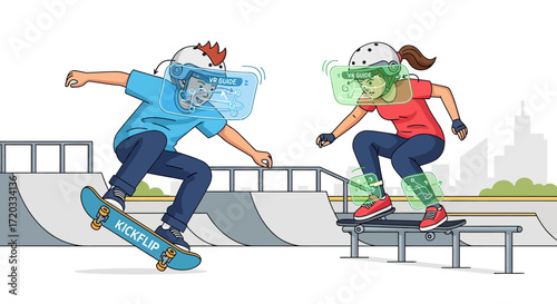 Cartoon boy and girl skateboarding with futuristic VR guide headsets, learning a kickflip and rail grind.