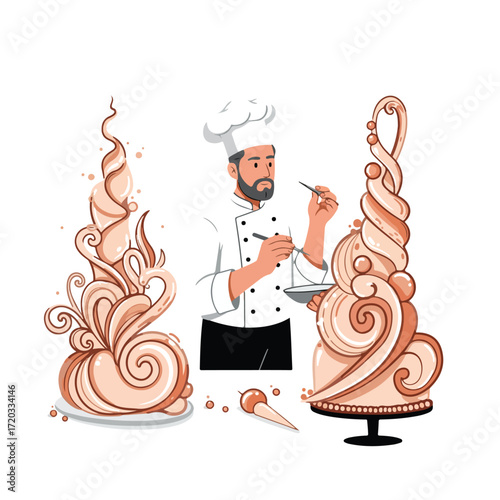 Chef embellishes a fanciful pastry, two sculptural desserts stand beside him