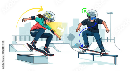 Two skateboarders performing tricks in a skatepark with motion arrows