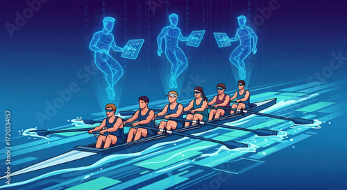 Futuristic Rowing Team with Holographic Data Overlay