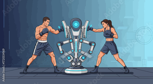 Athletic man and woman in boxing gear sparring with a futuristic, multi-armed training robot in a comic book style illustration.
