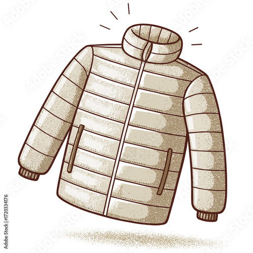 Zipped down jacket in neutral color with puffy design concept of outerwear  