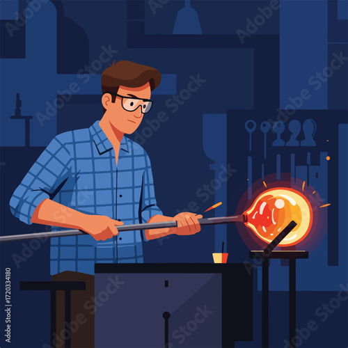 Man shapes glowing glass on a rod in a workshop, tools in background