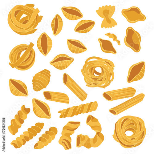 Assortment of various pasta shapes, including shells, twists, and nests, on white