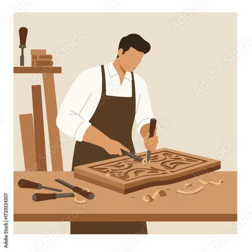 Man carves wood with chisels on a workbench, creating an intricate design
