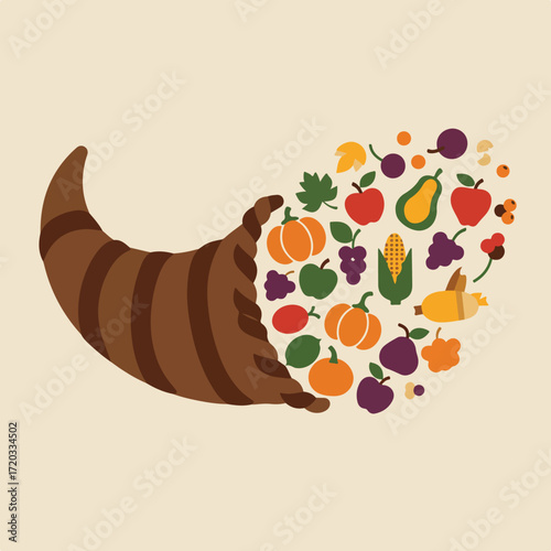 Cornucopia overflowing with produce against a light beige backdrop