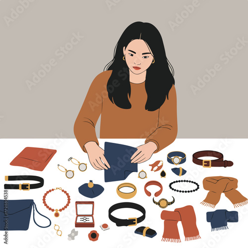 Woman looks at arranged accessories