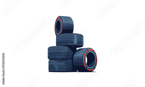 Stack of Used Racing Car Tires with Red Stripes.