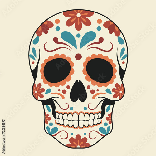Ornate sugar skull with floral patterns on a cream background