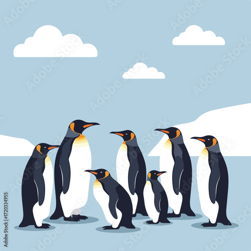 Penguins stand against icy background, with clouds