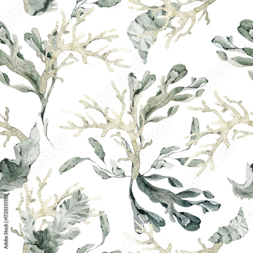 Watercolor seamless pattern with sea life – starfish, shells, octopus, corals, and seaweed. Ideal for textiles, wallpaper, beach and tropical designs, coastal interiors, and nautical decoration