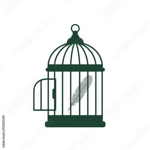 Green open birdcage with grey feather inside, minimal style design