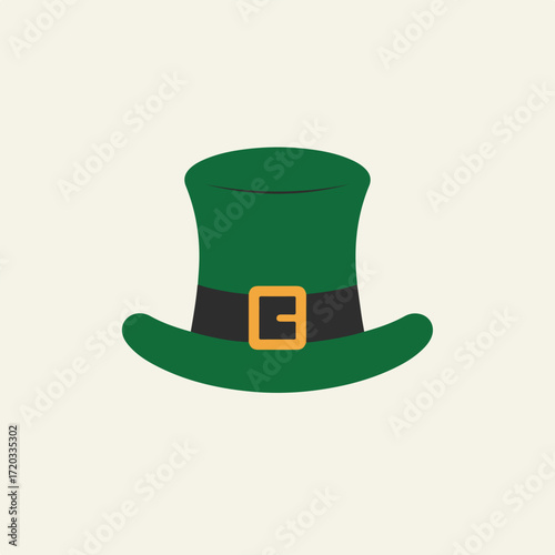 Green leprechaun hat with a black belt and gold buckle on beige backdrop