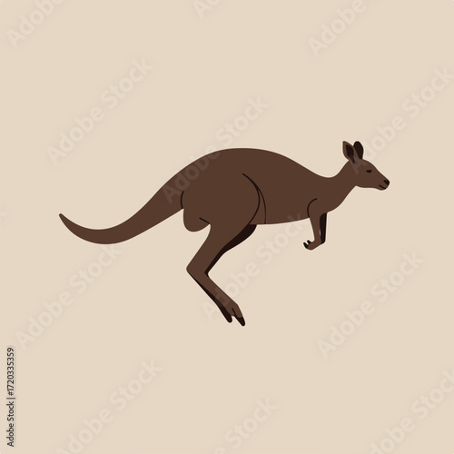 Brown kangaroo with simplified features mid-leap on a tan background
