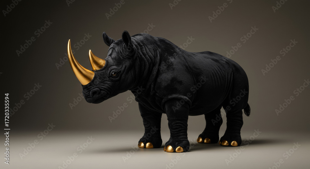 Fototapeta premium Luxurious Black Rhinoceros Statue Featuring Golden Horn and Hooves in a Minimalist Studio