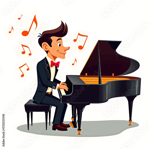 A cartoon musician plays the grand piano