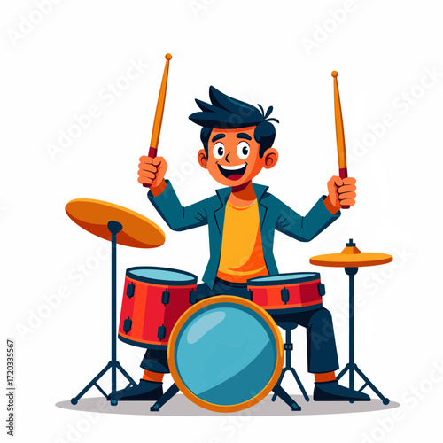 A cartoon musician plays the drums