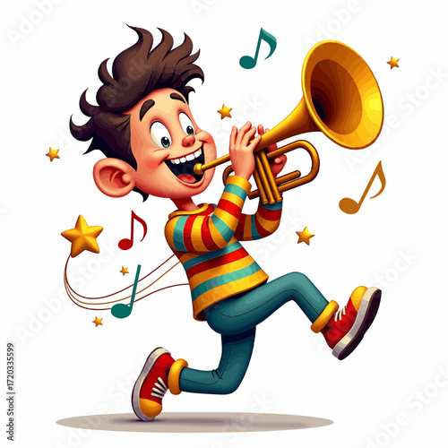 A cartoon musician plays the trumpet