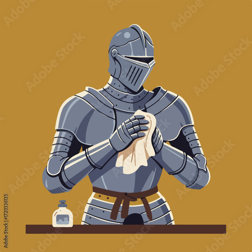 Knight cleaning armor with cloth, bottle on table, against beige background