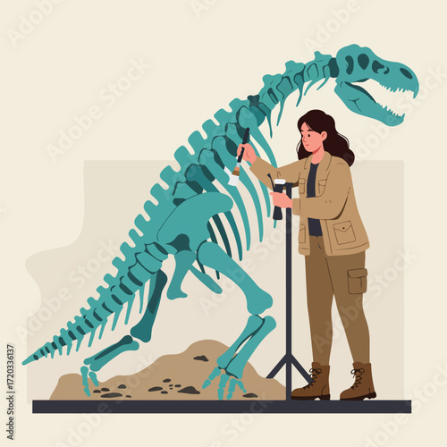 Woman carefully brushes a large teal dinosaur skeleton in a museum display