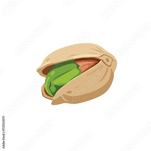 Graphic art of a single pistachio nut, cracked open showing green kernel