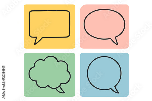 Colorful speech bubbles on sticky notes illustrating different ways to communicate thoughts and ideas