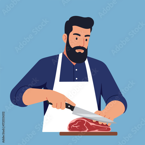 Man in apron cutting meat
