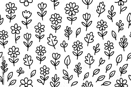 Flower and leaf pattern with simple black outlines on a white background for design projects and crafts