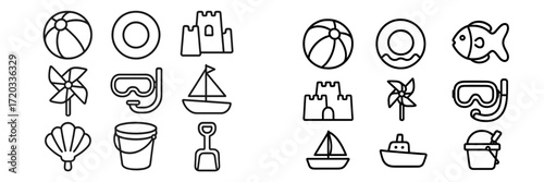 Fun beach themed icons featuring summer activities and sea elements for design projects
