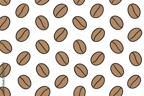 Pattern of brown coffee beans scattered over a white background for textile or wallpaper design