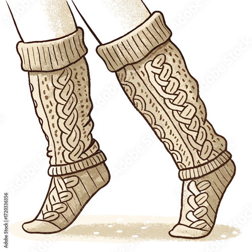Knitted leg warmers with cable knit pattern worn by a person  