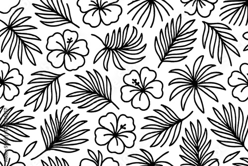 Pattern of tropical flowers and leaves with a clean white background
