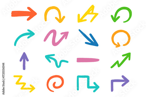 Collection of colorful arrows and shapes showing different directions and movements in vibrant colors for educational use