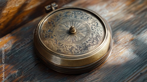 Antique Brass Compass on Wooden Surface