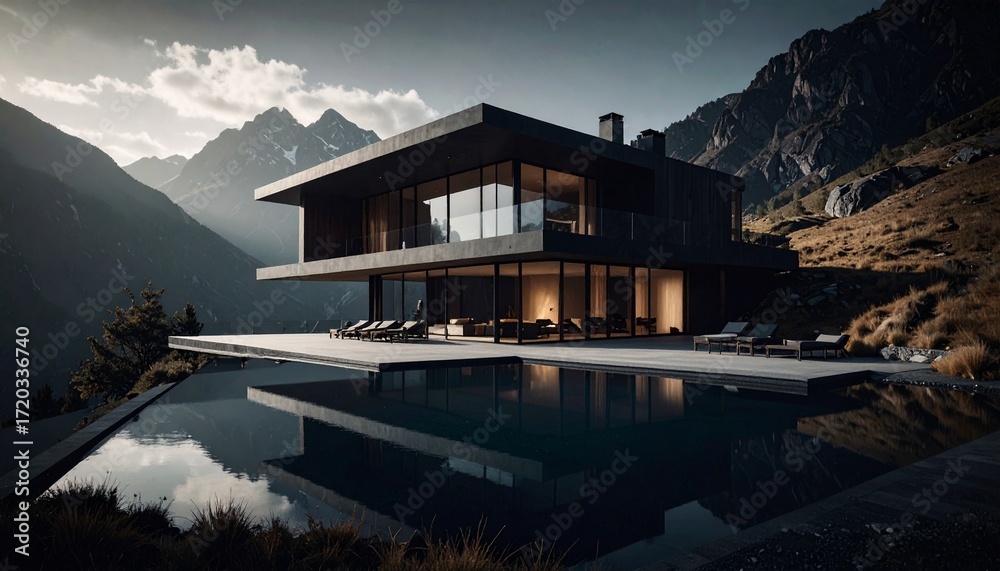 Fototapeta premium Modern luxury home with an infinity pool overlooking majestic mountain scenery.