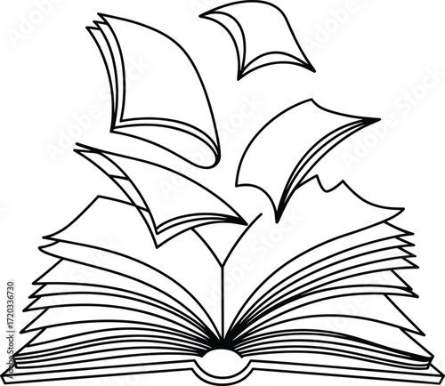 Open Book Line Art Pages Flying Upward, Knowledge Concept