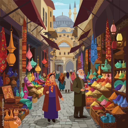 Illustrated scene of a market bazaar leading to a mosque with people browsing goods