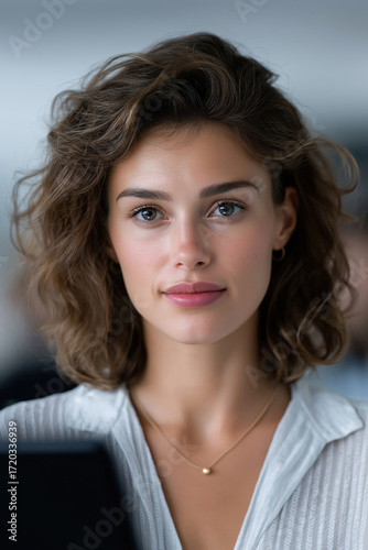 Young professional woman focused on work in a modern office