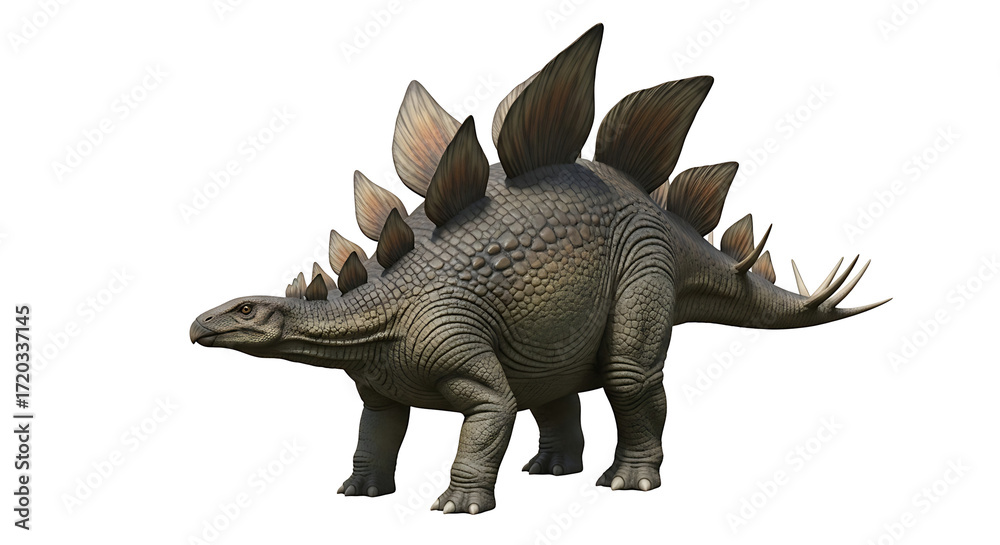 Obraz premium A detailed depiction of a stegosaurus standing in a studio setting. The ancient reptile is shown with its distinctive plates and spikes