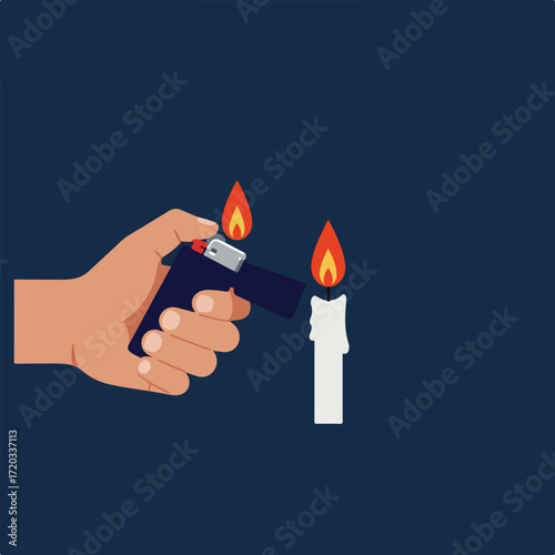 Hand ignites lighter; flame touches candle on dark background