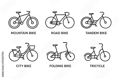 Variety of bicycle types: mountain, road, tandem, city, folding, tricycle