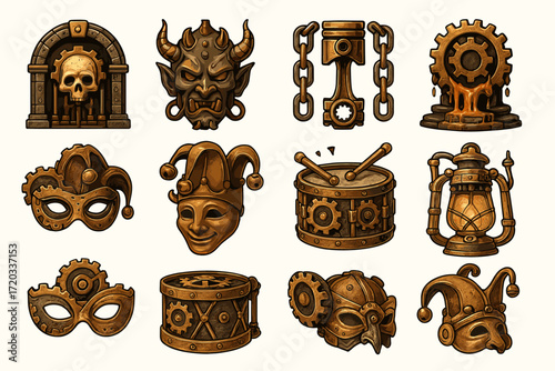 Collection of steampunk-inspired icons featuring masks, gears, and lanterns